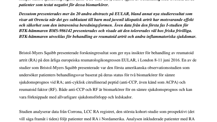 Nya forskningresultat inom reumatoid artrit presenterades av Bristol-Myers Squibb på den årliga europeiska reumatologikongressen EULAR