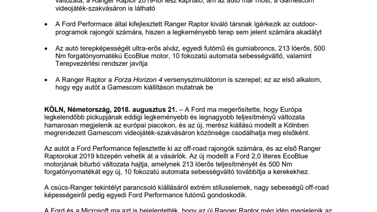 A Ford új izomautóval és ultra-élethű 4D szimulátorral mutatja be nagy teljesítményű modellkínálatát a Gamescom látogatóinak