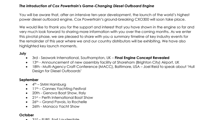 Cox Powertrain: Media Update: CXO300 Launch update