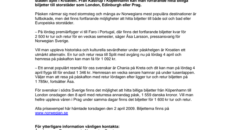 Biljetter kvar hos Norwegian i påsk