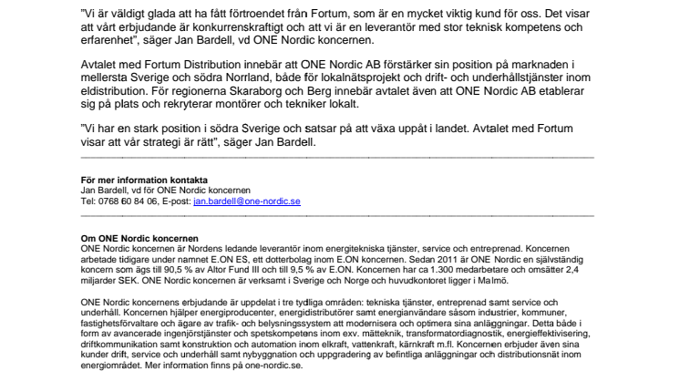 Fortum väljer ONE Nordic AB i fyra regioner