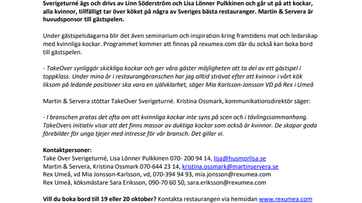 TakeOver Sverigeturné för första gången i norra Sverige: kvinnliga kockar tar över köket på Rex Brasserie i Umeå 19-20 oktober