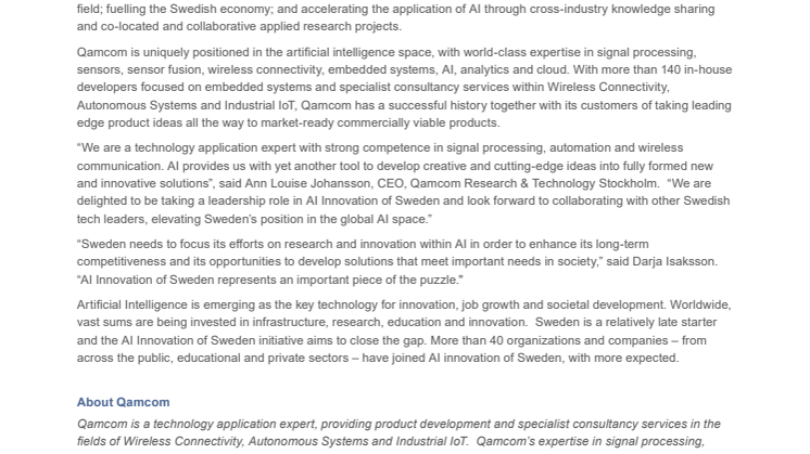 Qamcom becomes a founding partner of AI Innovation of Sweden