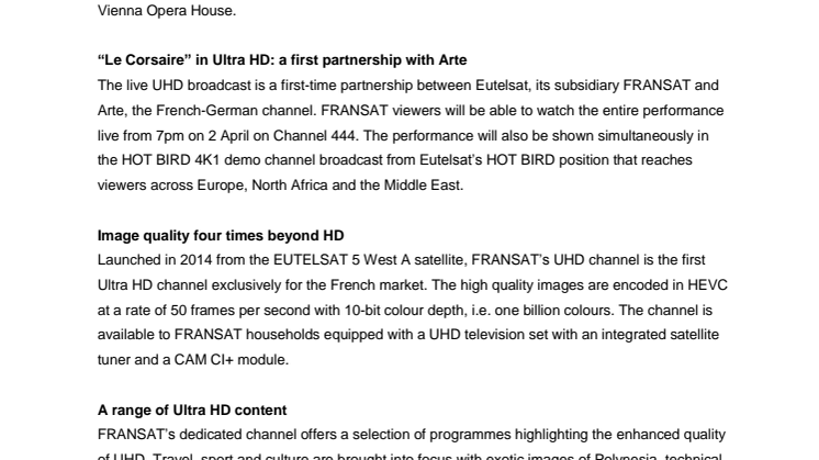 Special Ultra HD broadcast with ARTE on FRANSAT and HOT BIRD 4K1 