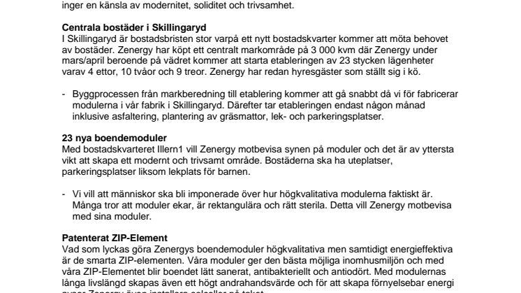 Zenergy möter bostadsbrist i Skillingaryd med moderna boendemoduler
