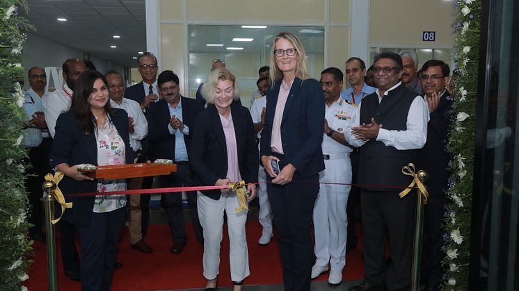 Norway’s Ambassador to India, May-Elin Stener (left) joins Annette Holte, President, Kongsberg Maritime India, and guests at the official opening of the company’s new facility in Kochi.