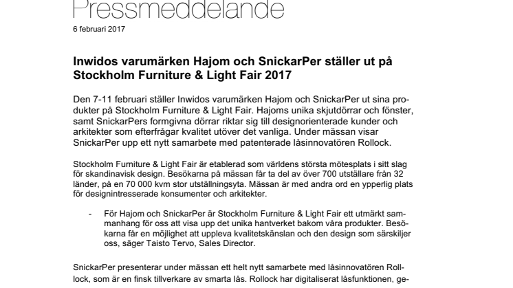 Inwidos varumärken Hajom och SnickarPer ställer ut på Stockholm Furniture & Light Fair 2017