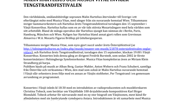 Musica Vitae och Malin Hartelius inviger Tengstrandfestivalen