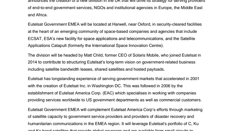 Eutelsat sets up Eutelsat Government EMEA to respond to satellite needs of government and institutional markets in EMEA region