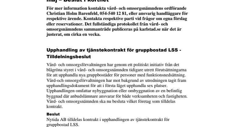 Vård- och omsorgsnämndens beslut i korthet den 20 maj