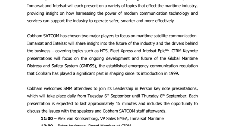 Cobham SATCOM: Cobham hosts ‘Leadership in Person’ keynote speakers at SMM 