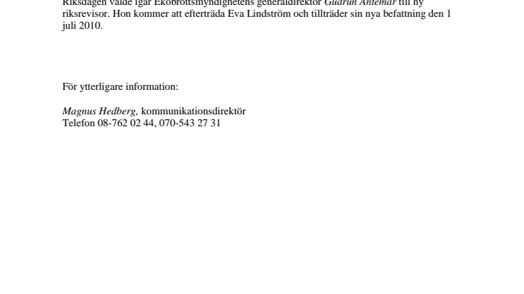 Ekobrottsmyndighetens generaldirektör utsedd till riksrevisor