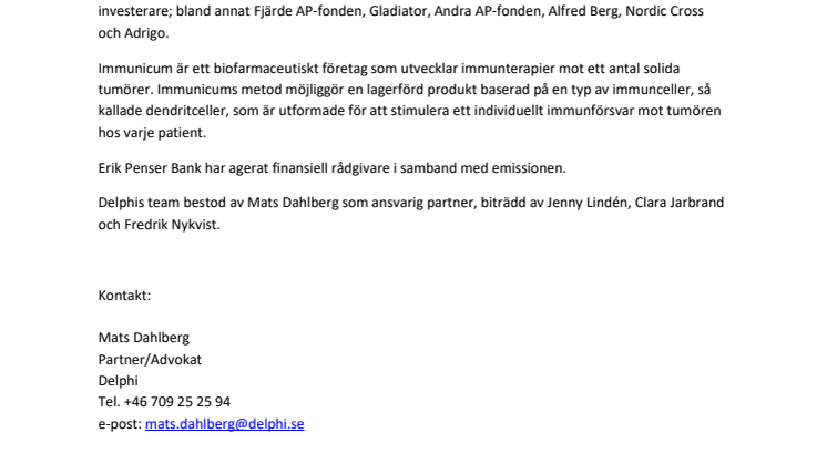 Delphi rådgivare till Immunicum vid företrädes- och riktad emission