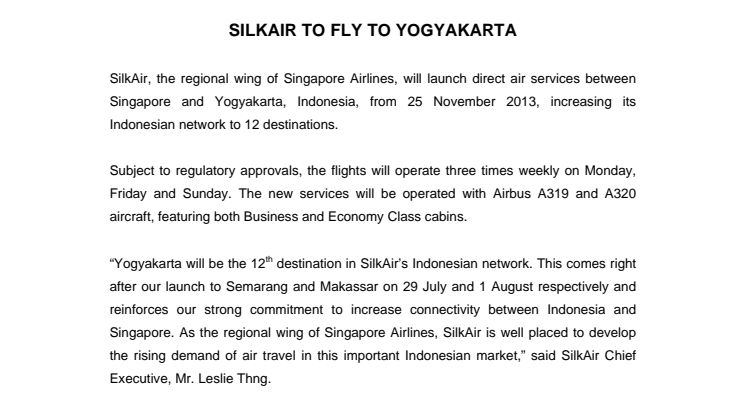SilkAir to Fly to Yogyakarta