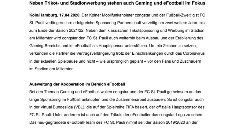 congstar und FC St. Pauli verlängern die Sponsoring-Partnerschaft bis 2022