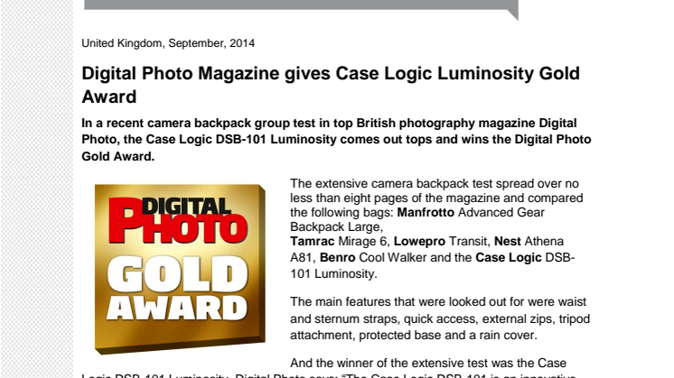 Digital Photo Magazine gives Case Logic Luminosity Gold Award