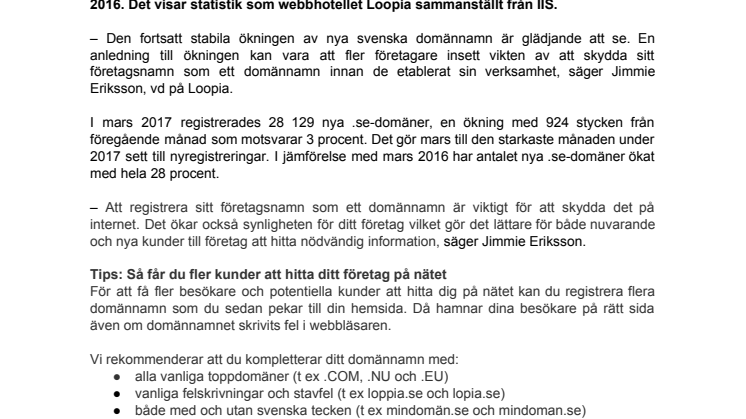 Fortsatt stark utveckling av svenska domännamn första kvartalet
