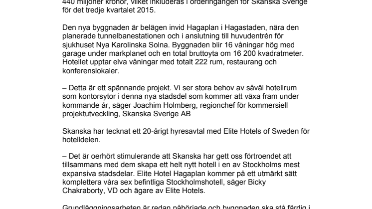 Skanska bygger hotell och kontor i Hagastaden, Stockholm, för 440 miljoner kronor