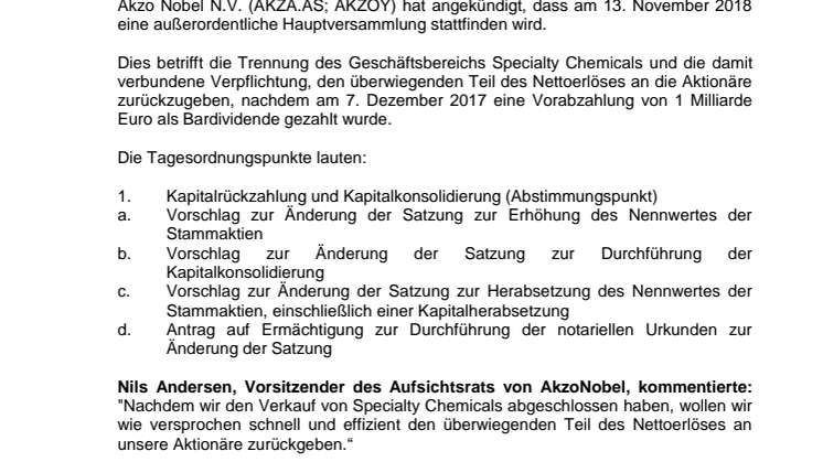 AkzoNobel kündigt außerordentliche Hauptversammlung am 13. November 2018 an