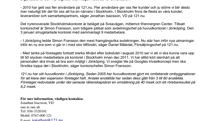 121.nu öppnar nytt kontor i Stockholm
