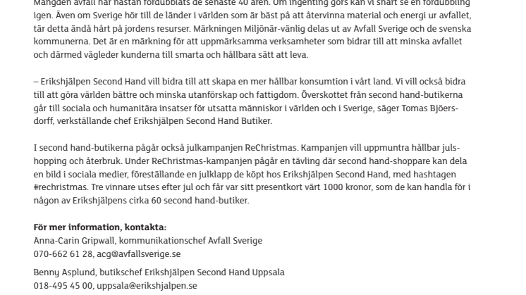 Erikshjälpen Second Hand i Uppsala blir Miljönär-märkt