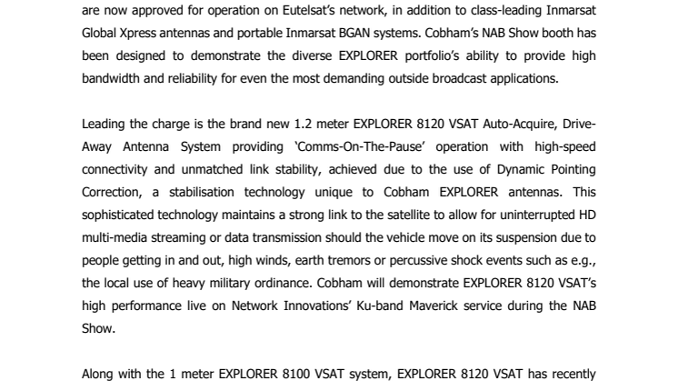 Cobham SATCOM: Innovative Satcom Tech for Content Creators at NAB Show 2017