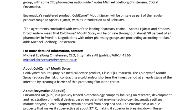 Enzymatica: ColdZyme® Mouth Spray – for treating the common cold – to be introduced by the Swedish Apotek Hjärtat pharmacy chain