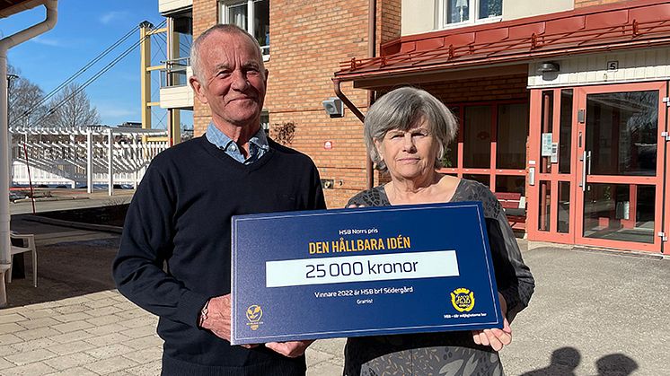 Hannu Vilppunen och Mona-Lisa Glaas i HSB brf Södergård tar emot HSB Norrs hållbarhetspris - Den hållbara idén 2022.