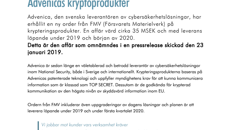 FMV lägger ny order, värd 35 MSEK, på Advenicas kryptoprodukter