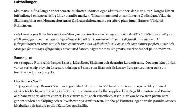 Ny åkattraktion när Kolmården firar Bamse 50 år.