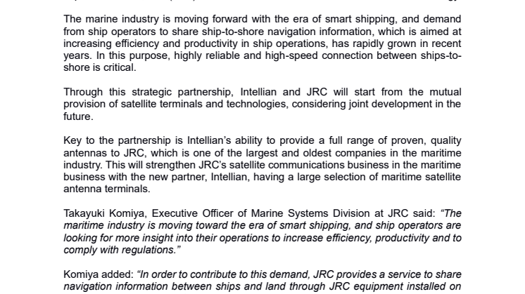 JRC AND INTELLIAN ANNOUNCE NEW STRATEGIC MARITIME SATCOM SYSTEMS PARTNERSHIP