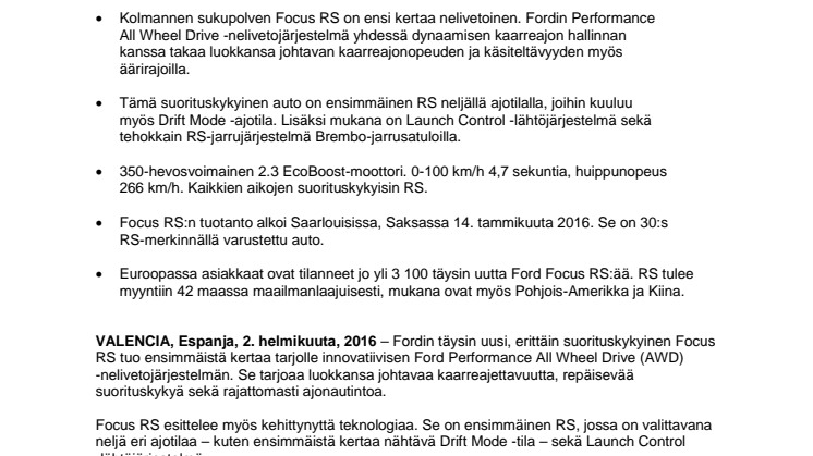 Täysin uusi Ford Focus RS AWD-nelivedolla tarjoaa täydellisen ajonautinnon innovaatioiden ja teknologioiden avulla