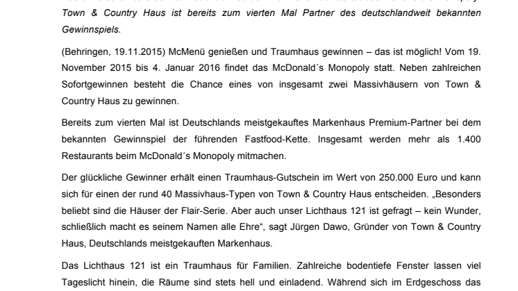 Town & Country Massivhaus beim McDonald´s Monopoly gewinnen