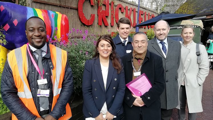 Celebrating funding announced today by DfT to fund step-free access at Cricklewood Station are Accessibility Minister Nusrat Ghani MP (second from left) with officials from GTR and Network Rail