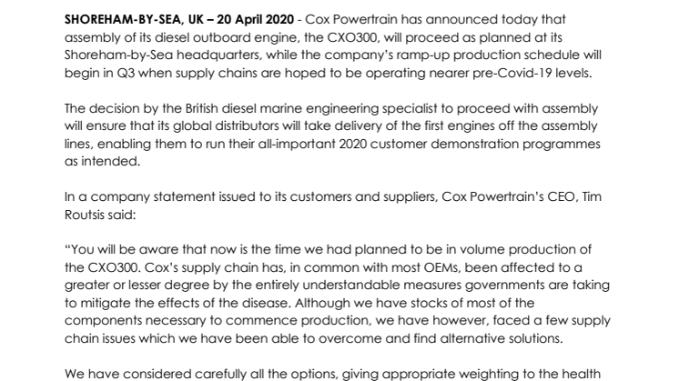 Covid-19 Pandemic: CXO300 Production Update