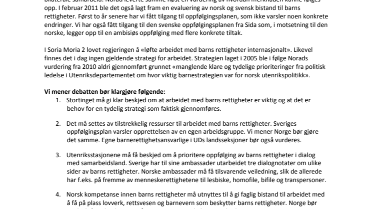 UNICEF Norge og Plan Norges brev til utenrikskomiteen 