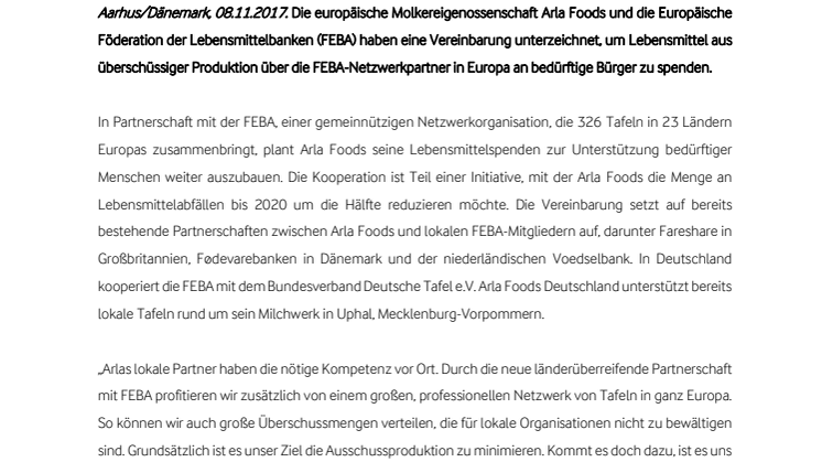 Weniger Lebensmittelabfälle: Arla Foods geht Partnerschaft mit der Europäischen Föderation der Lebensmittelbanken ein 
