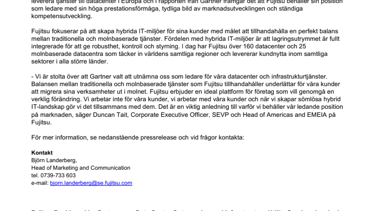 Gartner utnämner Fujitsu som ledare inom outsourcing av datacenter och infrastrukturtjänster