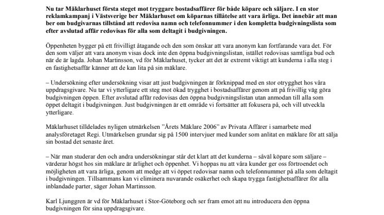 Mäklarhuset tar första steget mot helt öppen budgivning i fastighetsaffärer