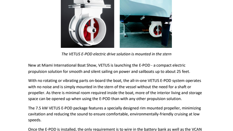 Electric Propulsion Pioneer VETUS Introduces E-POD Drive Solution