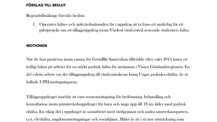 Motion av Pär Lundqvist (L) om pilotprojekt studenthälsa