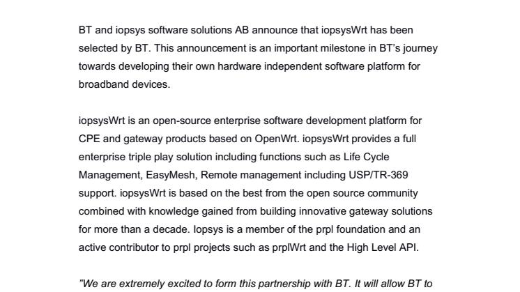 BT selects iopsys as software partner