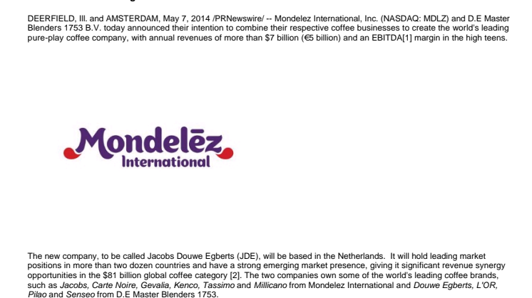 Mondelez International & D.E Master Blenders 1753 to Form World's Leading Pure-Play Coffee Company