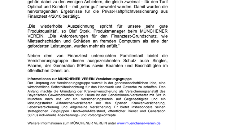 Finanztest zeichnet die Privat-Haftpflichtversicherung des MÜNCHENER VEREIN zweimal mit „sehr gut“ aus