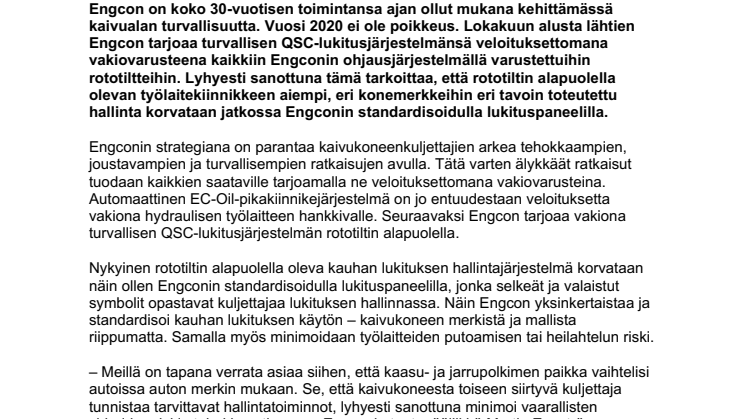 Engcon tekee jälleen kaivutyöstä entistä turvallisempaa  – QSC-lukitusjärjestelmä on Engconin seuraava veloitukseton vakiovaruste 
