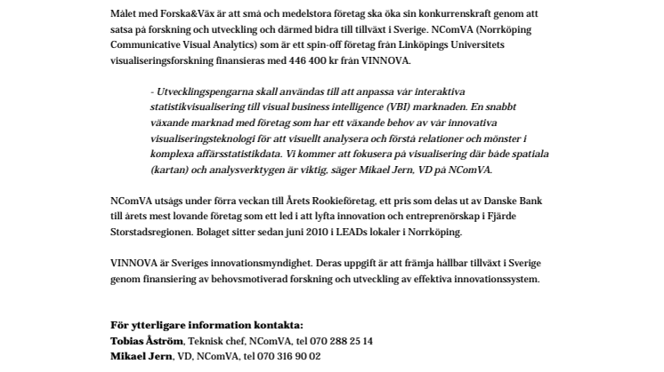 VINNOVA investerar i Årets Rookieföretag NComVA 