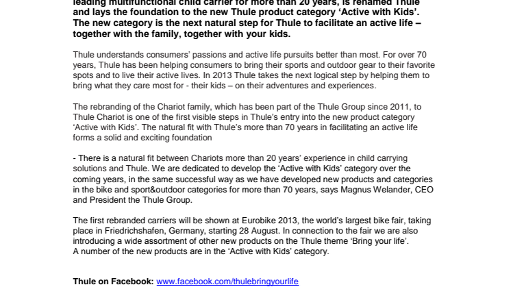 Chariot multifunctional child carriers change name to Thule and lays the foundation to the new Thule category – Active with Kids 