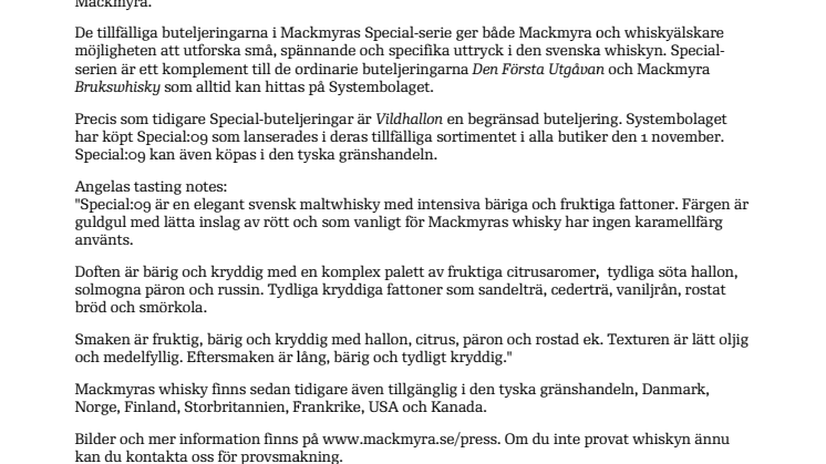 Mackmyra Special:09 lanseras 1 november