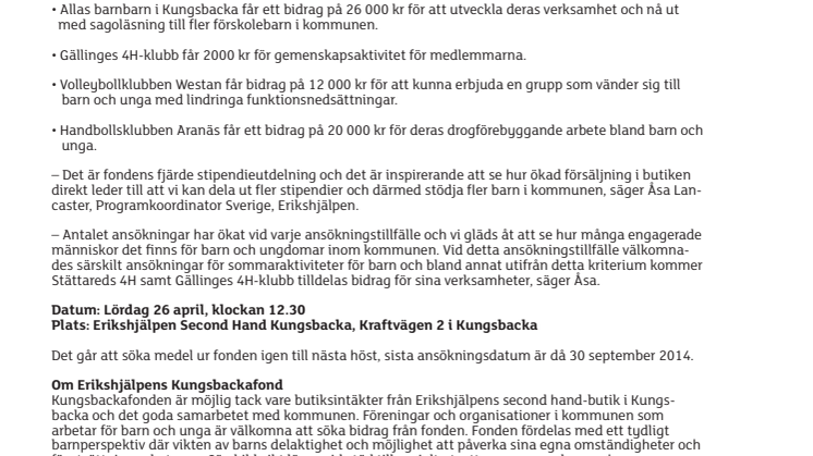 Vårens utdelning ur Erikshjälpens Kungsbackafond