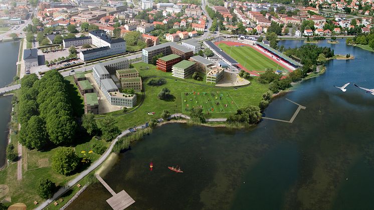 Vy över Fredriksskans i Kalmar där de nya bostäderna ska byggas med den legendariska idrottsplatsen i bakgrunden.
